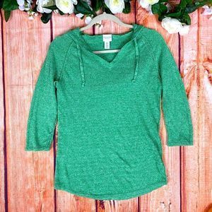 Weekends by Chico's Green V-neck Hooded Pullover Sweater 1486